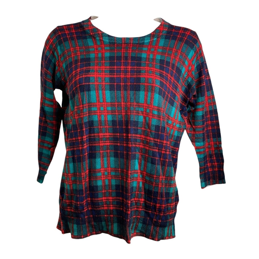 J Crew Christmas Plaid Merino Wool Sweater S Crew-Neck Lightweight Tartan Preppy